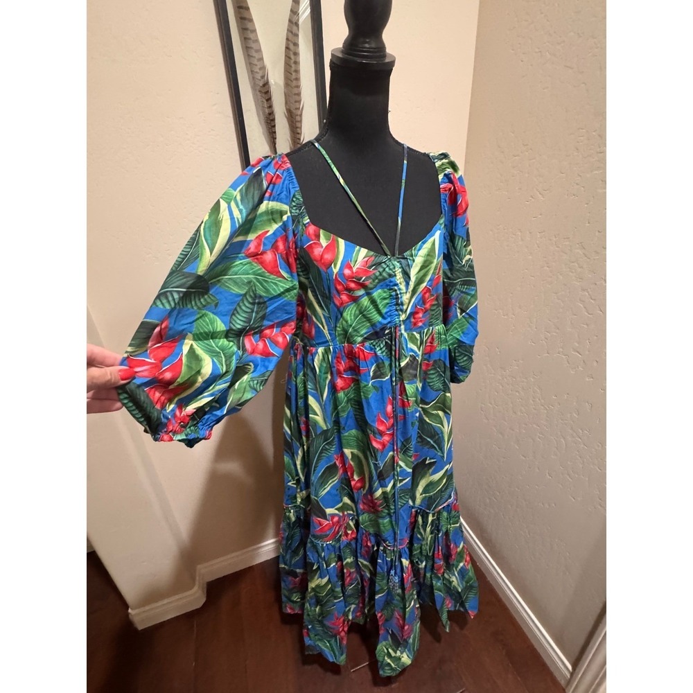 Farm Rio Blue Tropical Botanical Print Beaded Tiered Midi Dress Large - Picture 3 of 8